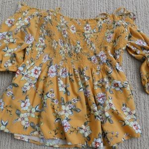 Yellow Floral Aeropostale Smoked Tie Blouse Top XS